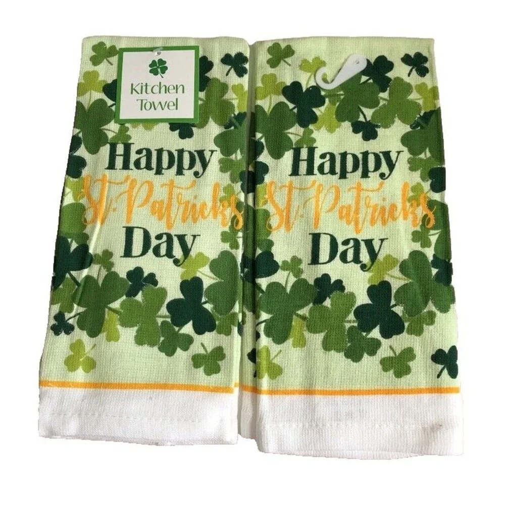 Happy St Patrick's Day Kitchen Dish Towels Set of 2 Shamrocks Irish Luck Lucky